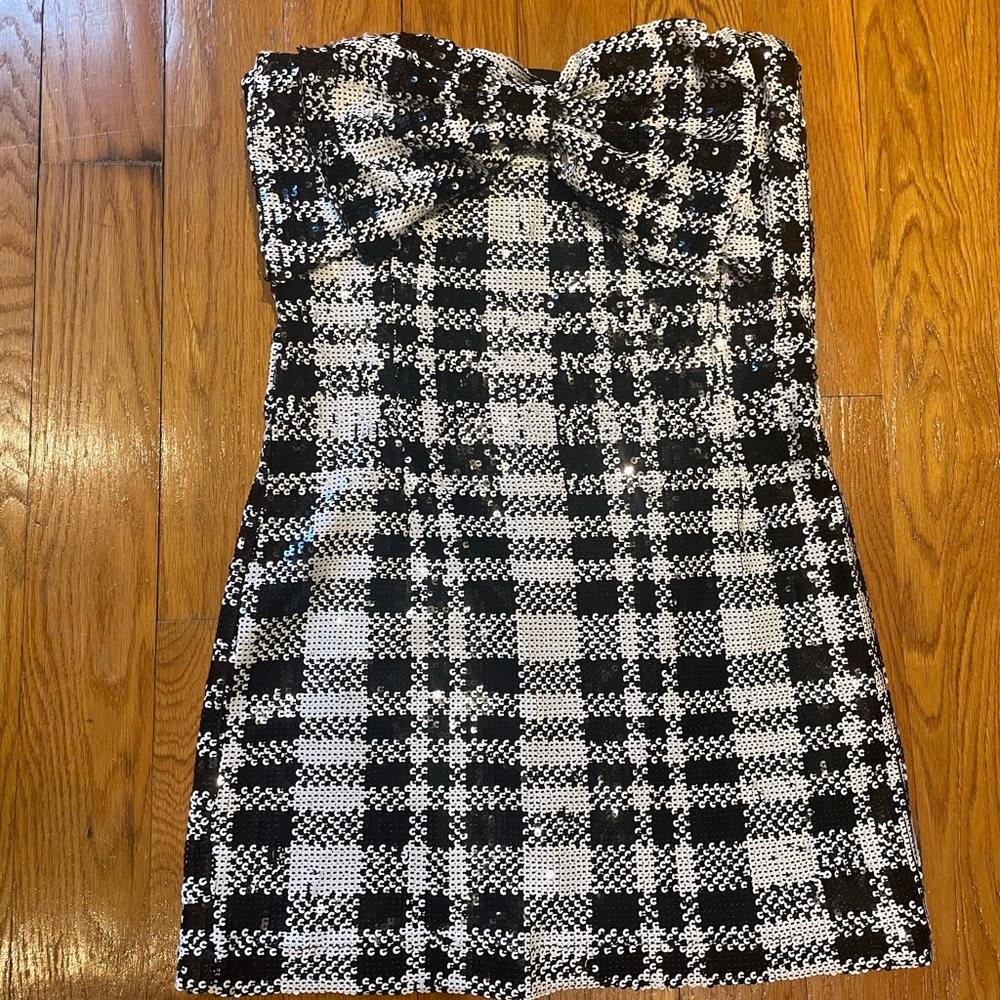 Black and White Plaid Strapless Dress